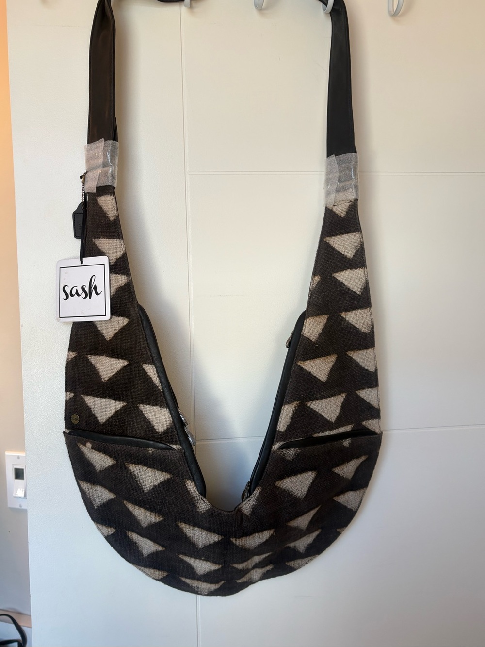 Sash bag mud cloth triangle design and black leather Crossbody Sling Bag
